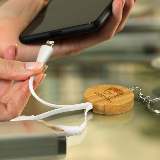 Round Bamboo Charge Cable Keyrings Feature
